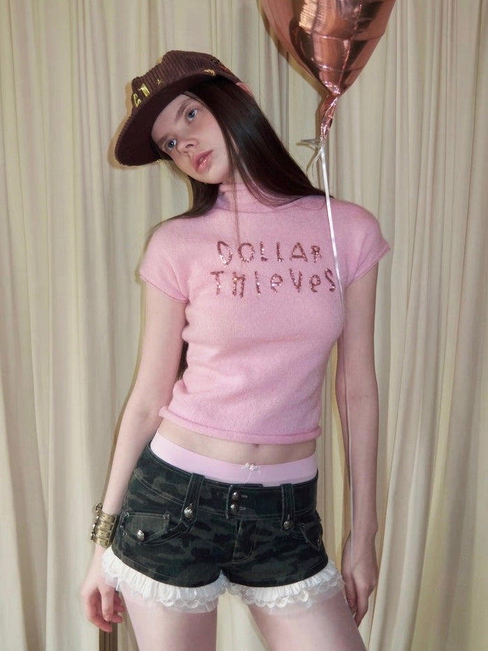 1JINNSTUDIO｜Mohair Sequin Mock Neck Top