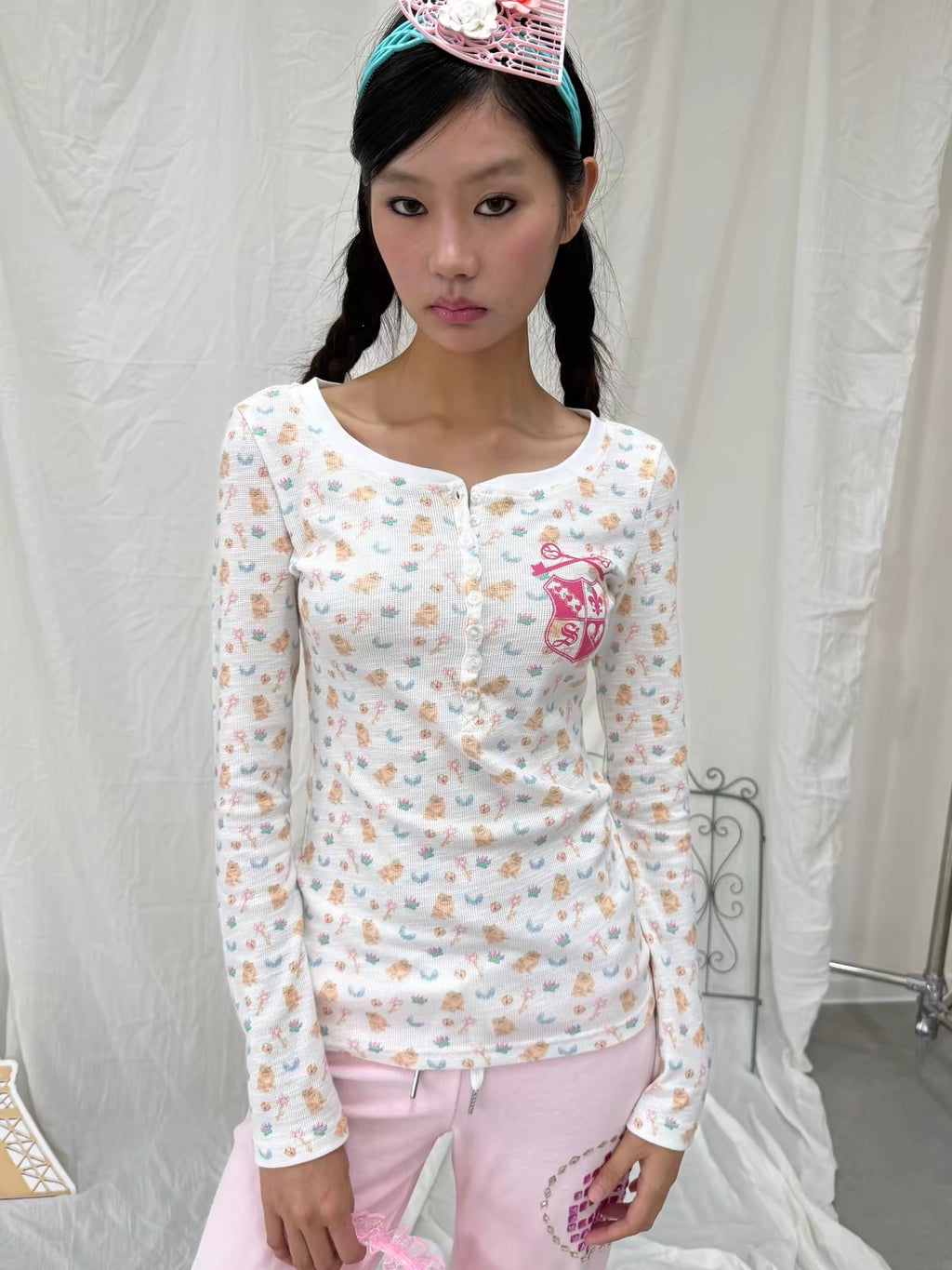 SunnyShell｜Cat Print Waffle Henley Long Sleeve Top