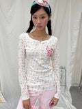 SunnyShell｜Cat Print Waffle Henley Long Sleeve Top