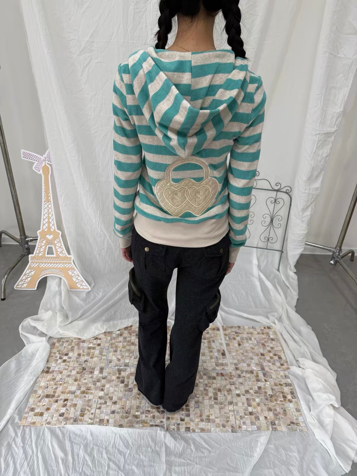 SunnyShell｜Mars Green Striped Diamond Hoodie Jacket