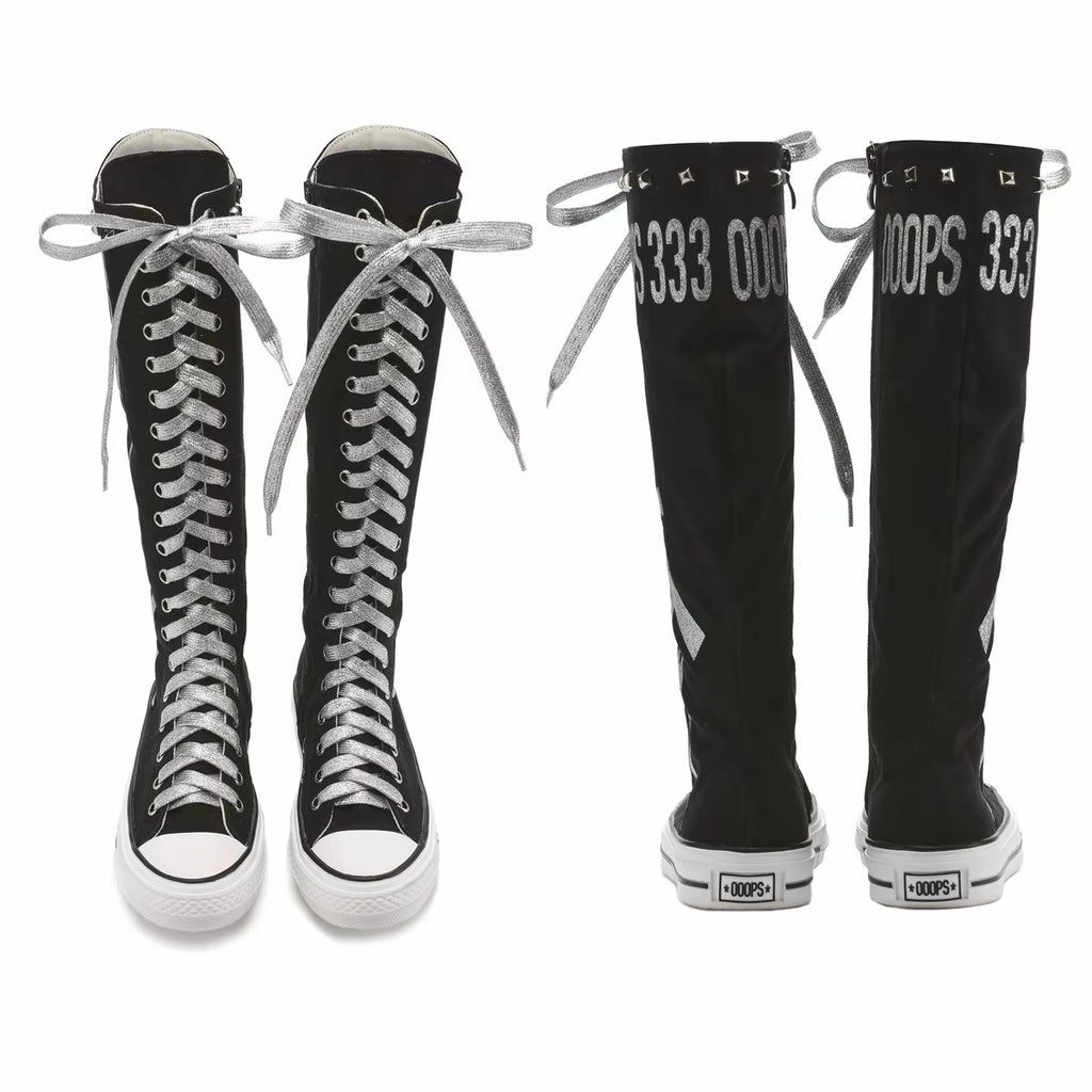 Ooops333｜Glitter Print Knee-High Lace-Up Boots
