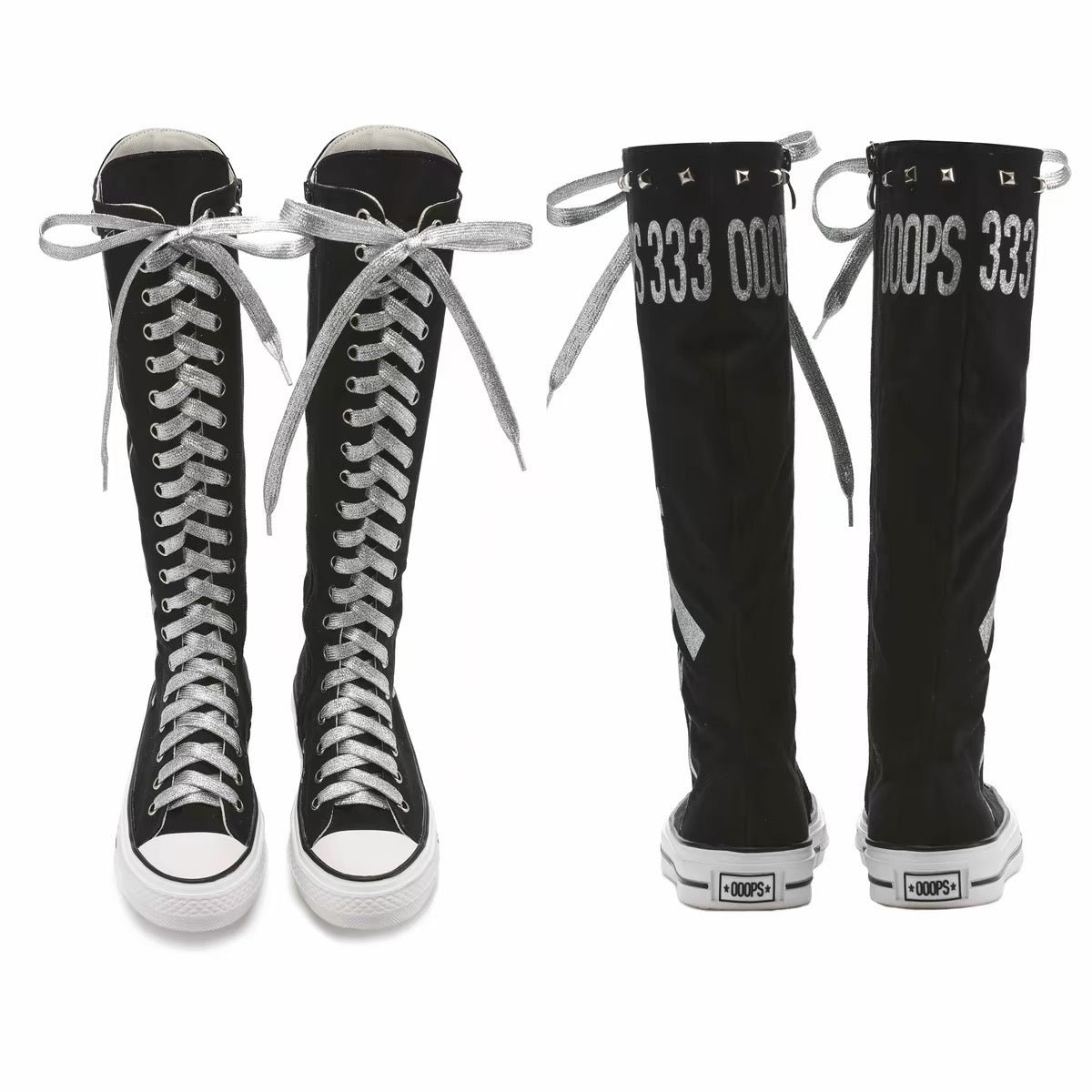 Ooops333｜Glitter Print Knee-High Lace-Up Boots