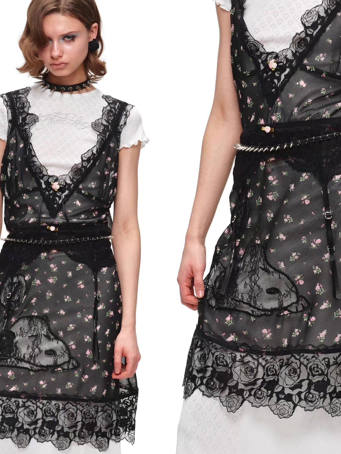 1JINNSTUDIO×SNOOPY Sheer Lace V-Neck Dress