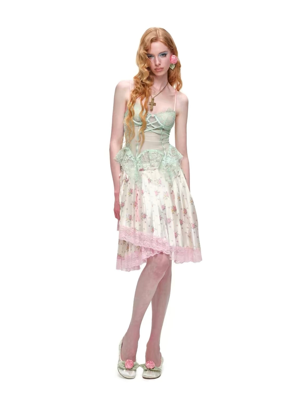 1JINNSTUDIO｜Sheer Corset Asymmetric Lace Top