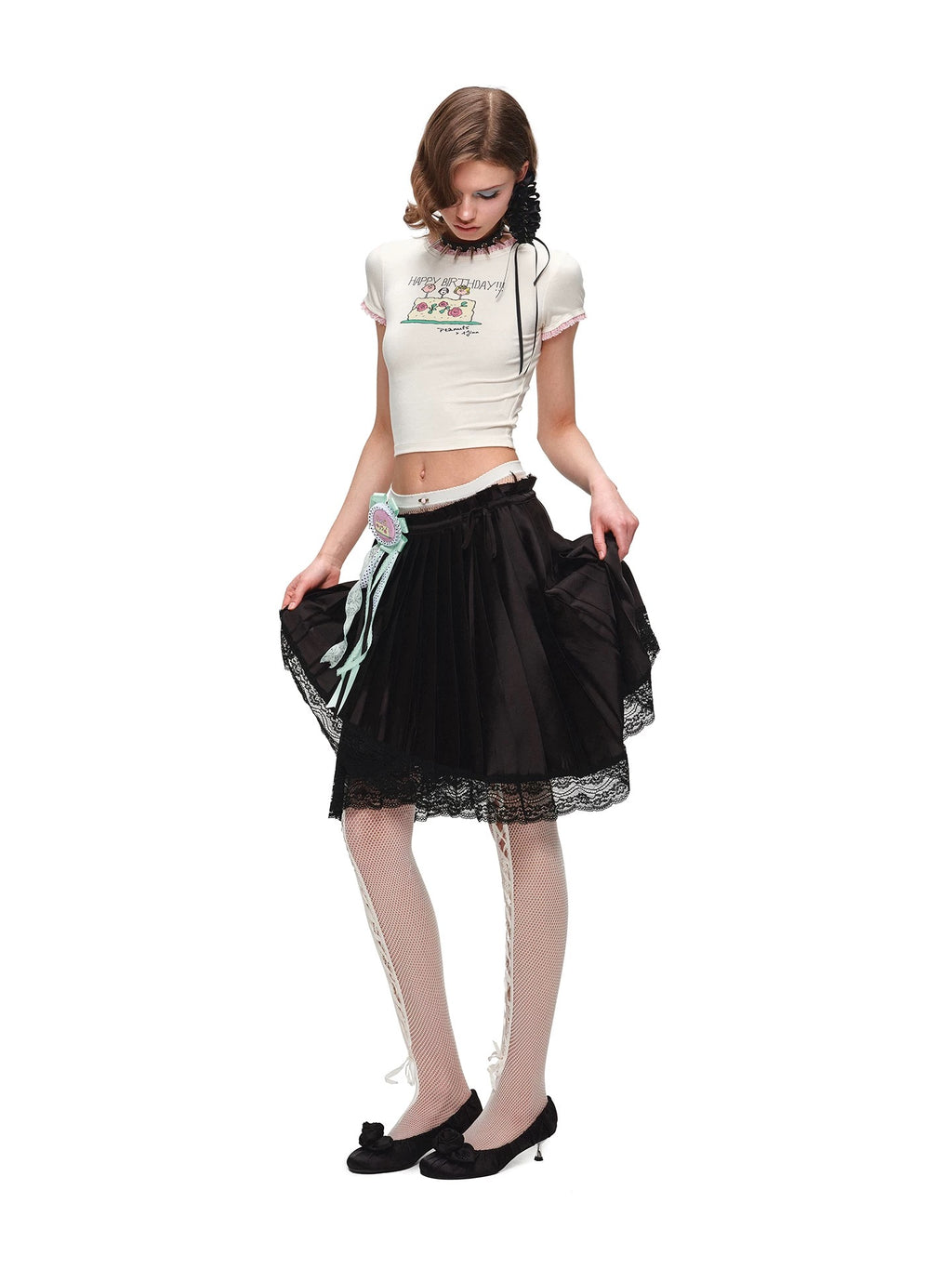 1JINNSTUDIO｜Satin Lace Drawstring Skirt
