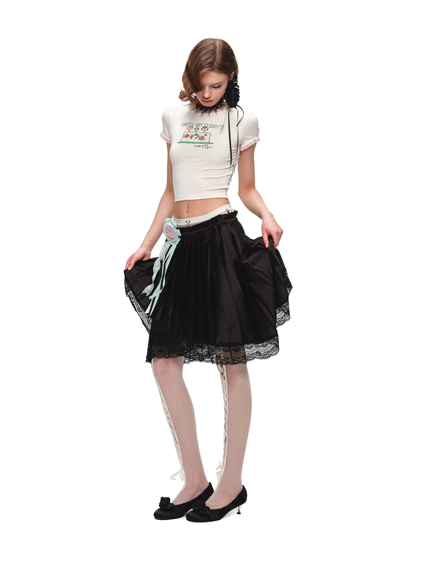 1JINNSTUDIO｜Satin Lace Drawstring Skirt