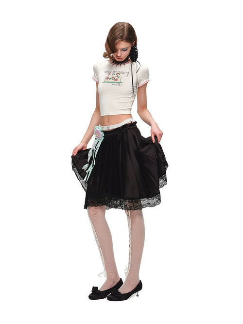 1JINNSTUDIO｜Satin Lace Drawstring Skirt