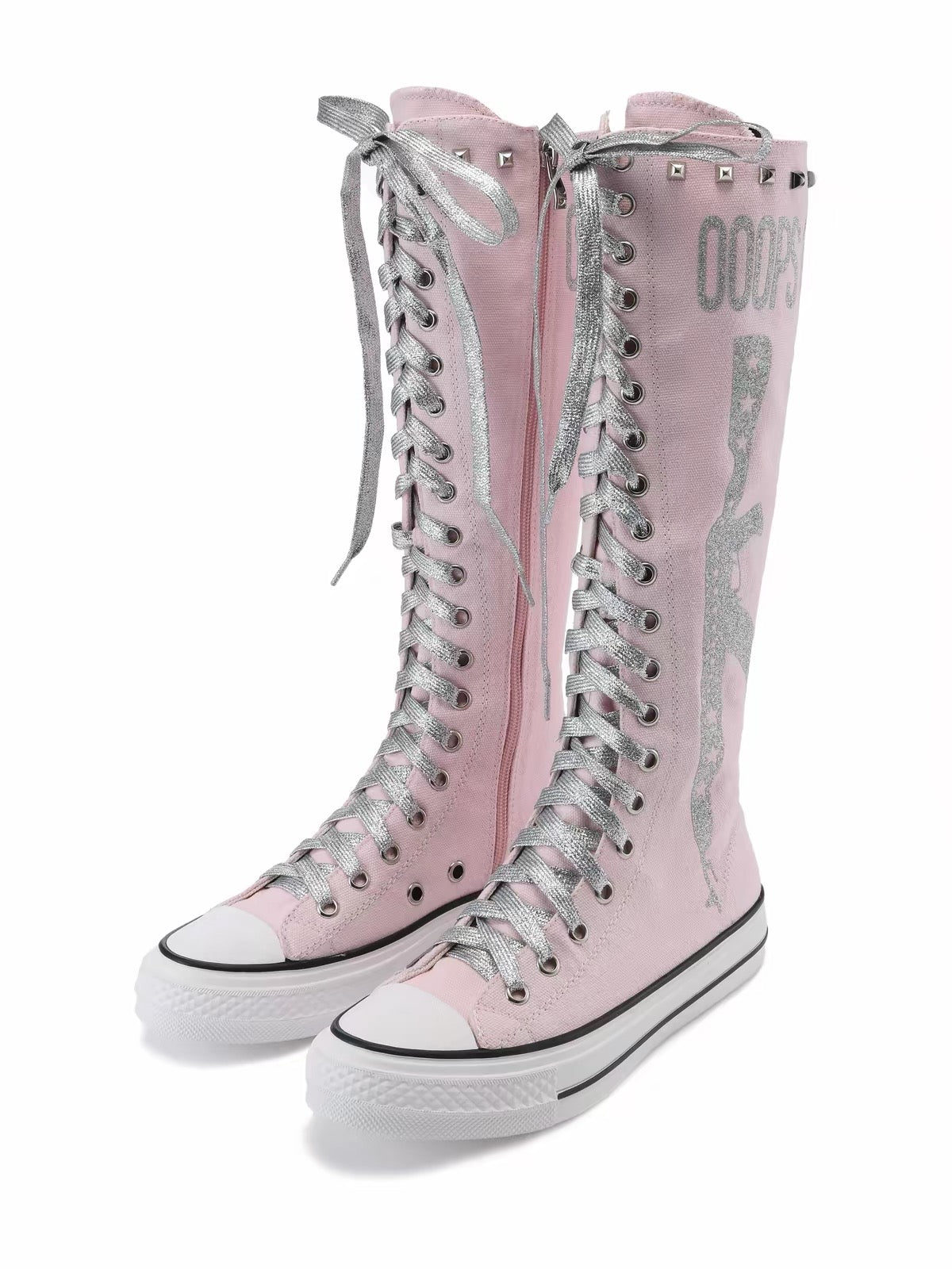 Ooops333｜Glitter Print Knee-High Lace-Up Boots