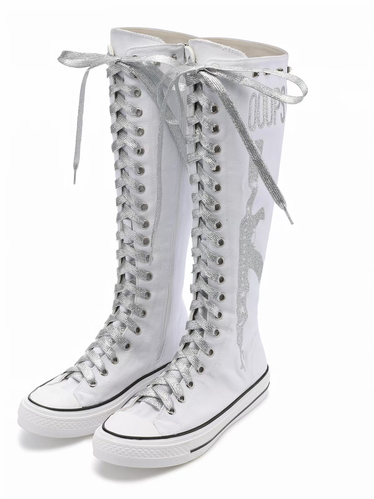 Ooops333｜Glitter Print Knee-High Lace-Up Boots