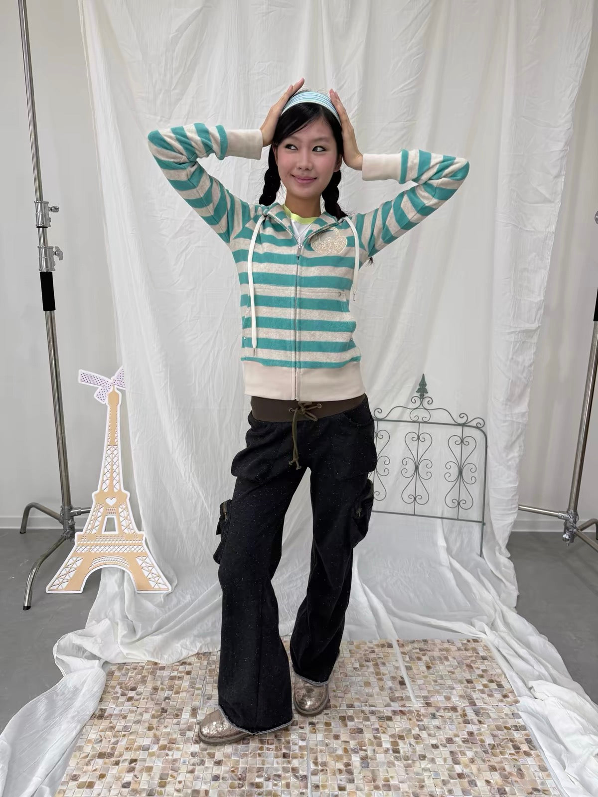 SunnyShell｜Mars Green Striped Diamond Hoodie Jacket
