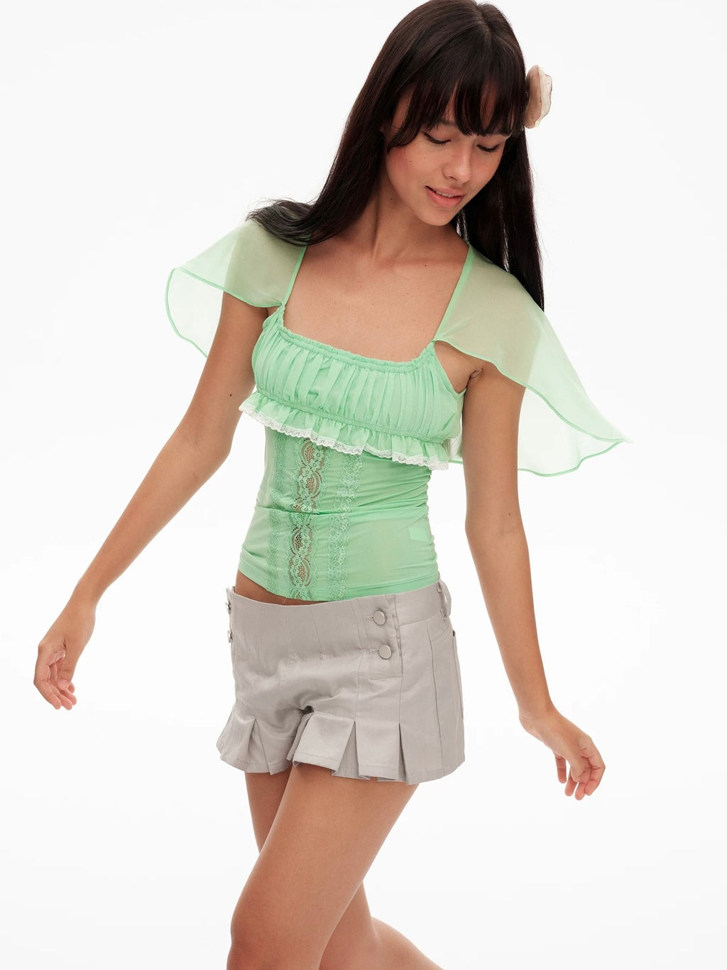 9266studio｜Lace Trim Camisole Chiffon Crop Top