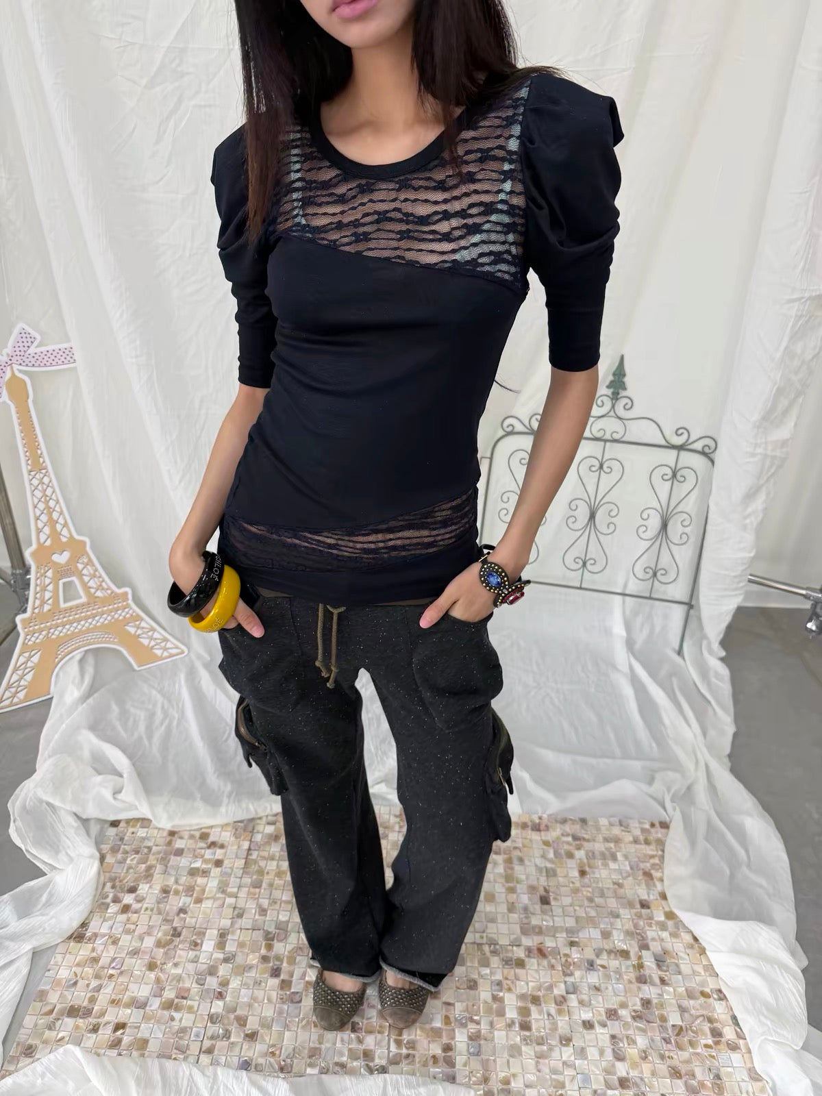 SunnyShell｜Lace Panel Ruched Sleeve Navy Top