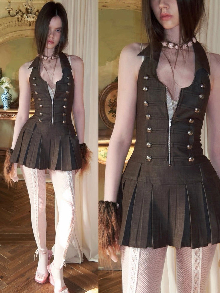 1JINNSTUDIO｜U-Collar Backless Pleated Dress