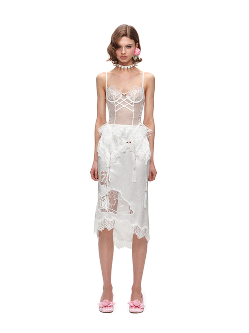1JINNSTUDIO｜Sheer Corset Asymmetric Lace Top