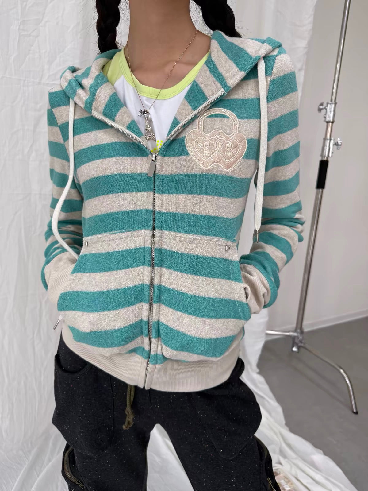 SunnyShell｜Mars Green Striped Diamond Hoodie Jacket