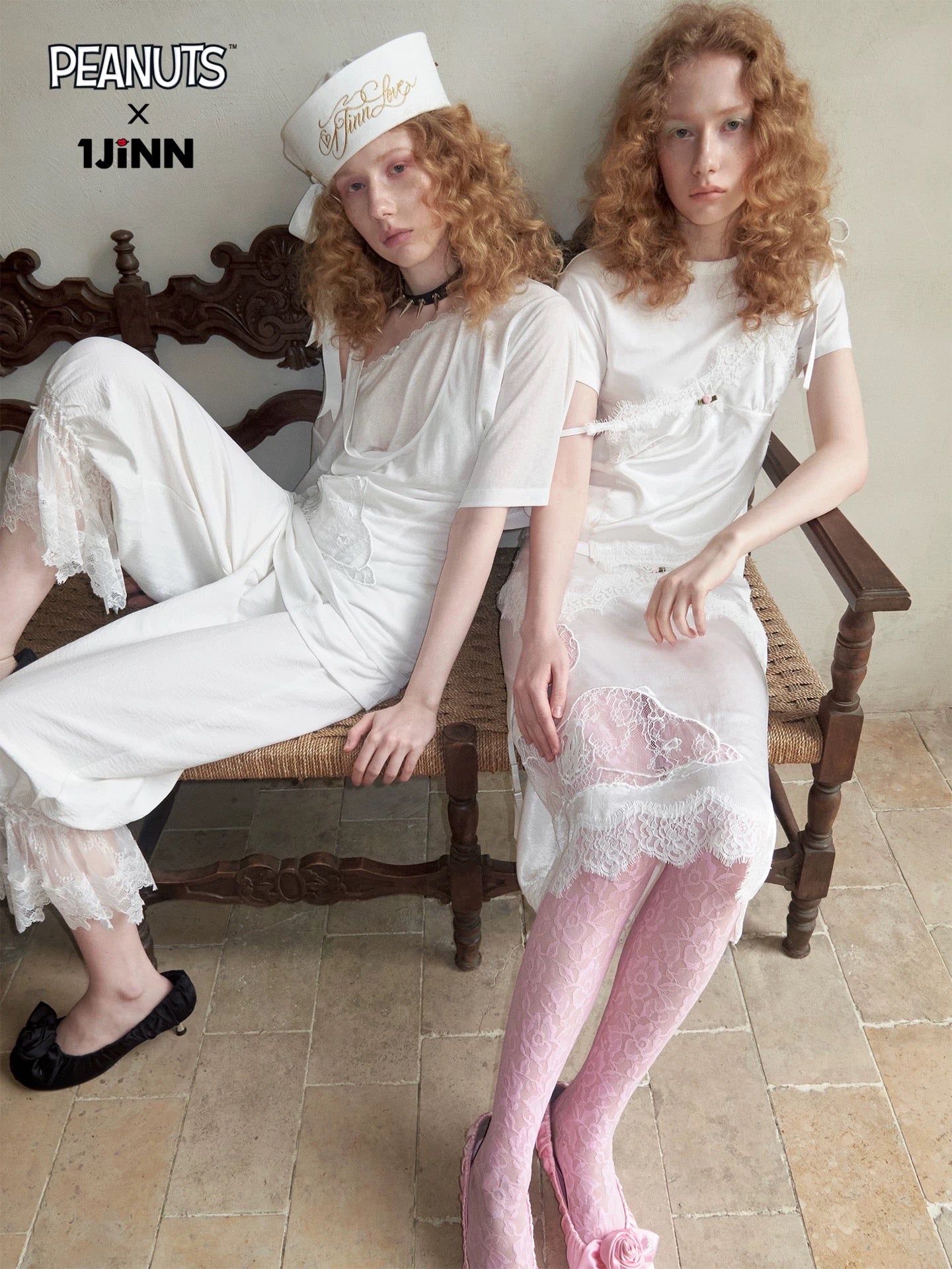 1JINNSTUDIO×SNOOPY Lace Satin Midi Skirt