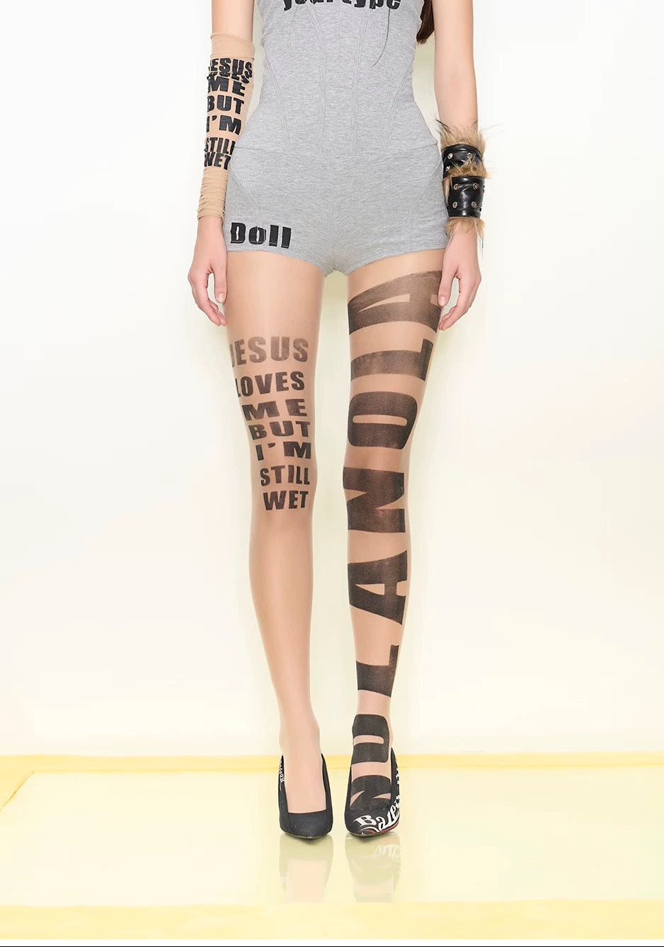 NOLA｜Irregular Sheer 10D Letter Print Bodystocking