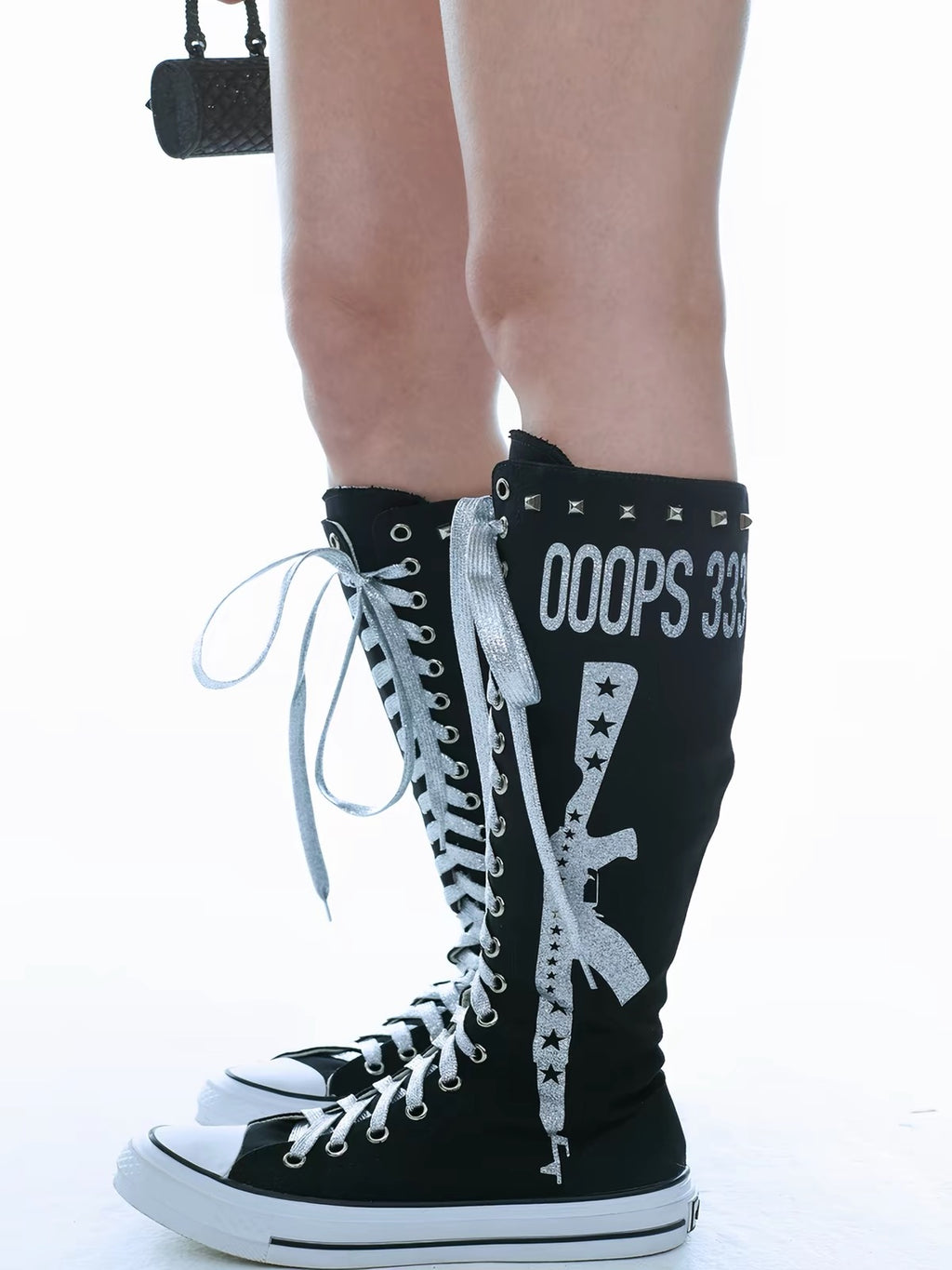 Ooops333｜Glitter Print Knee-High Lace-Up Boots