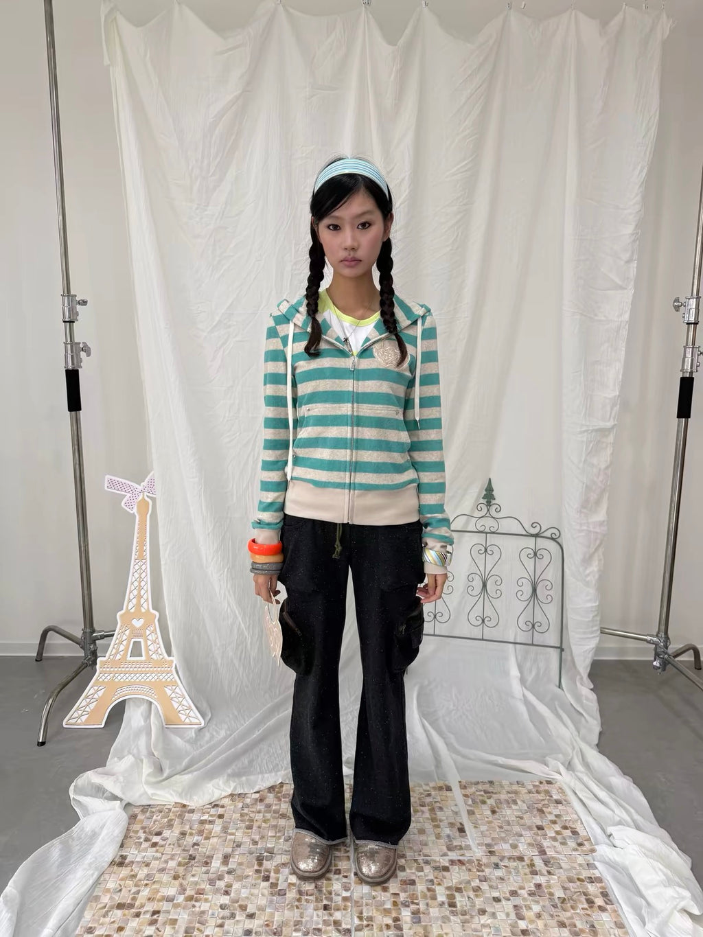 SunnyShell｜Mars Green Striped Diamond Hoodie Jacket