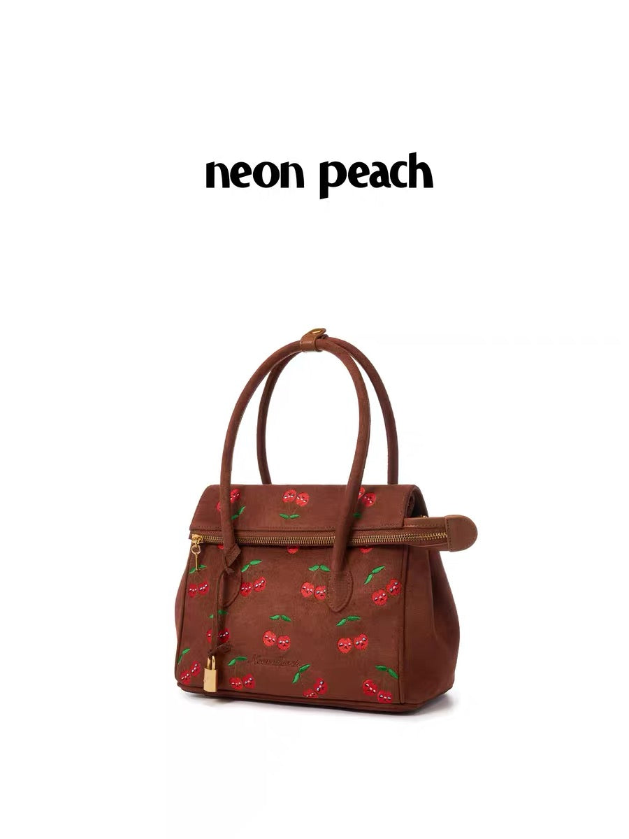 NeonPeachOffice｜Cherry Print Suede Tote