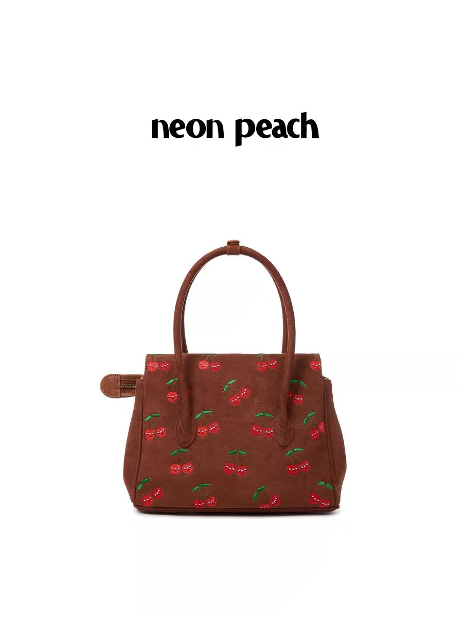 NeonPeachOffice｜Cherry Print Suede Tote