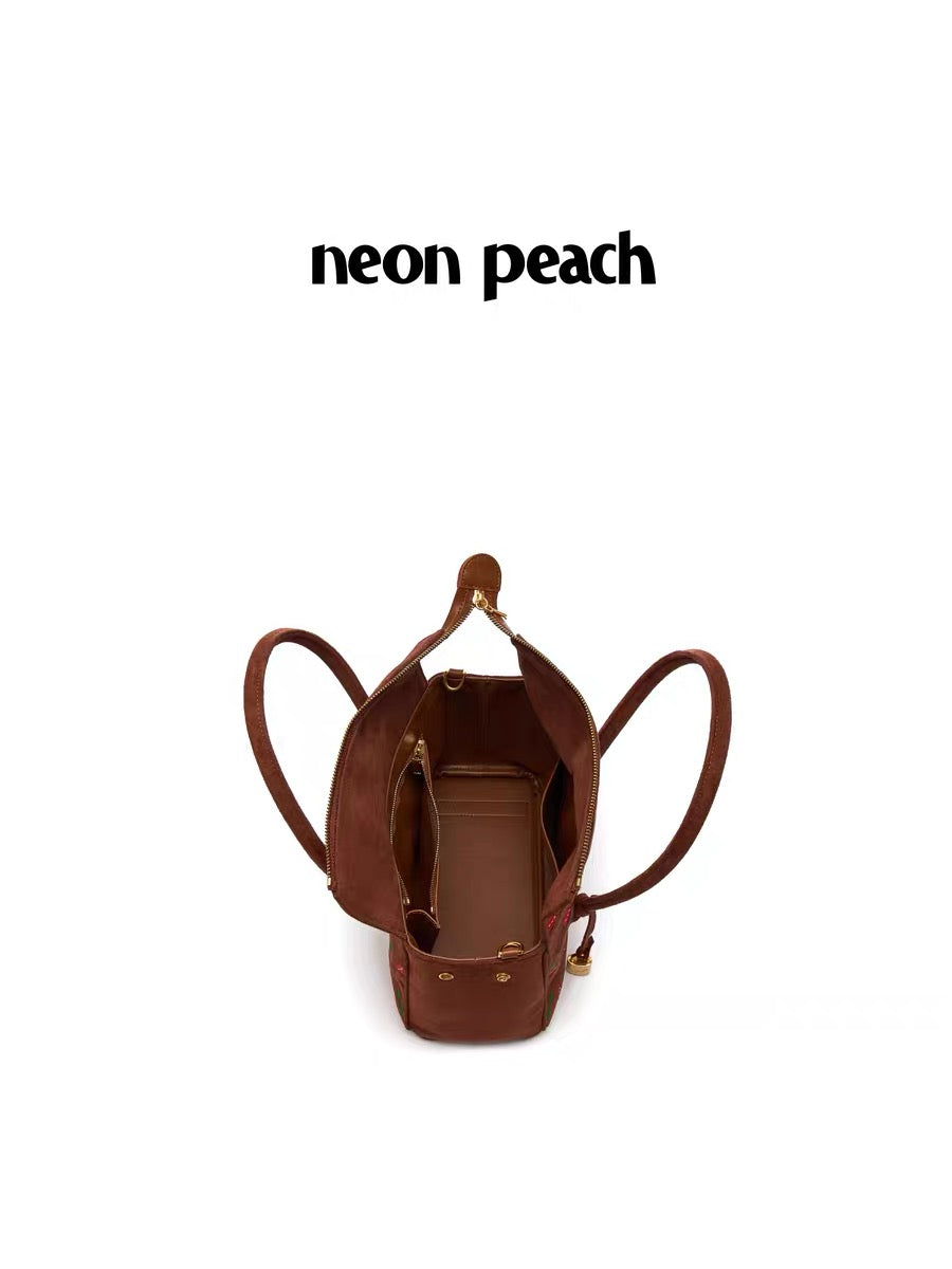 NeonPeachOffice｜Cherry Print Suede Tote