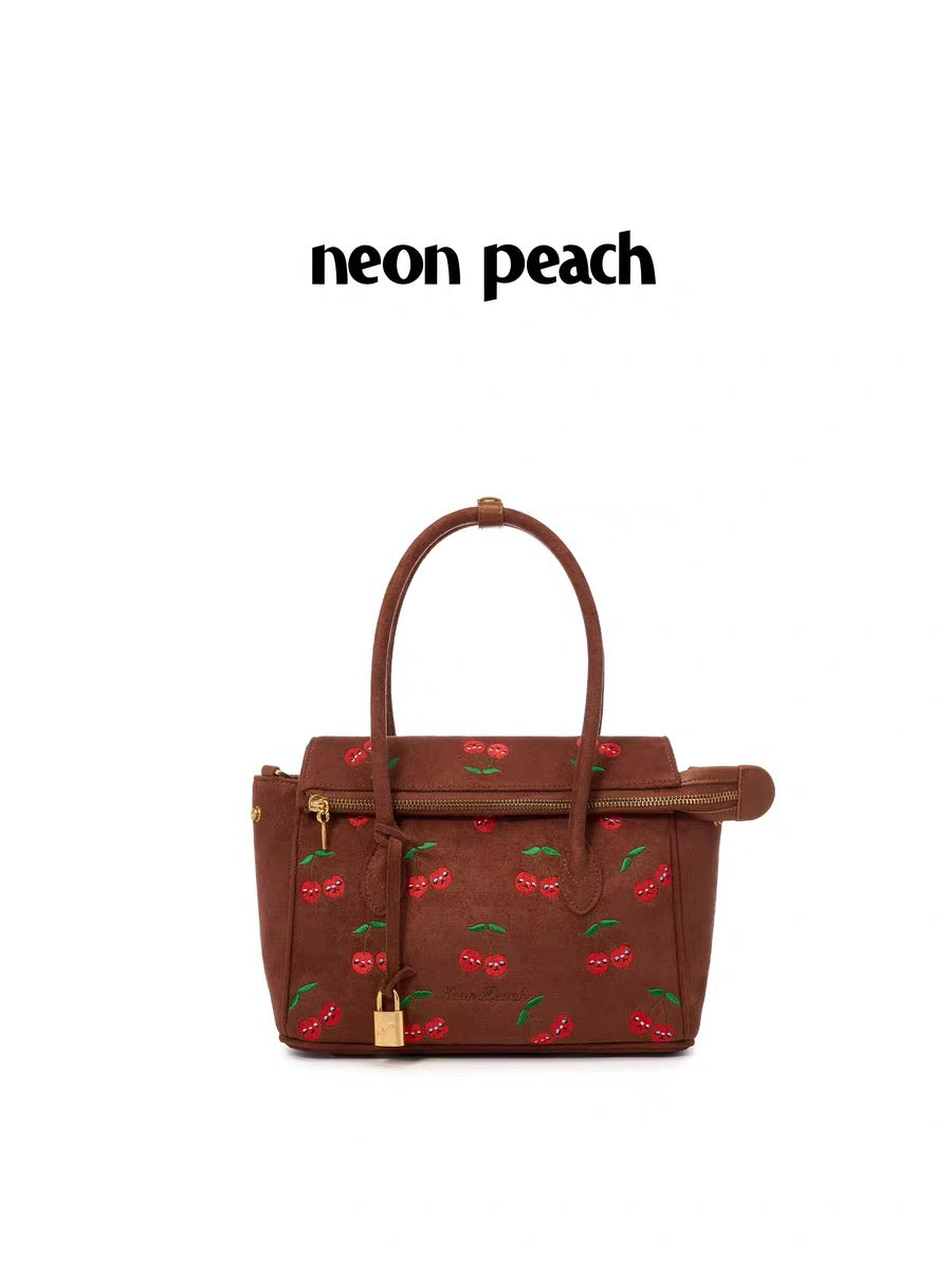 NeonPeachOffice｜Cherry Print Suede Tote