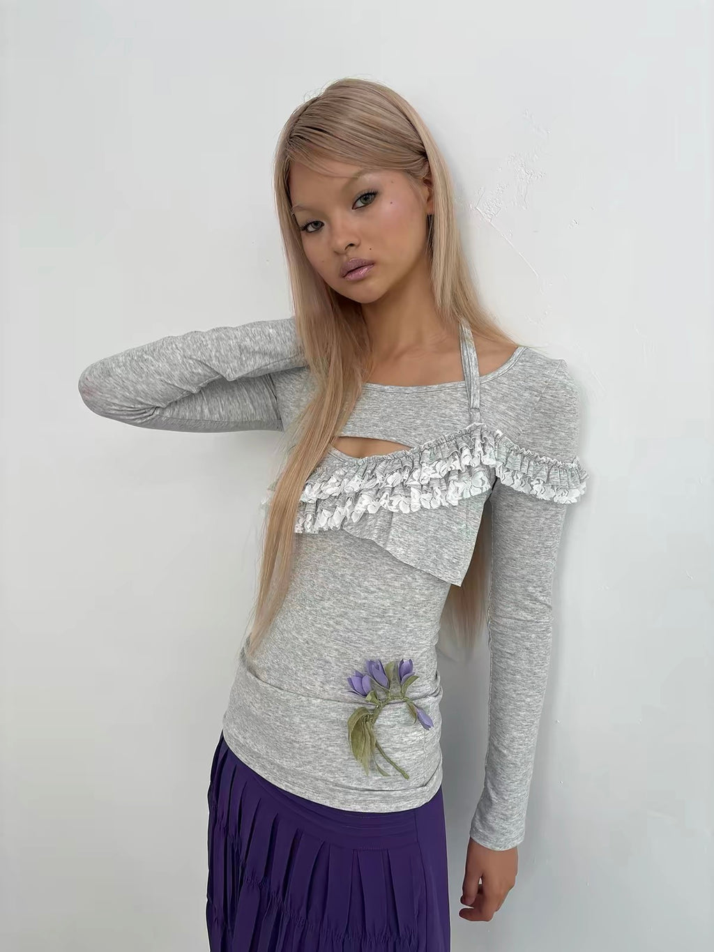 9266studio｜Y2K Lace Ruffle Slim Top