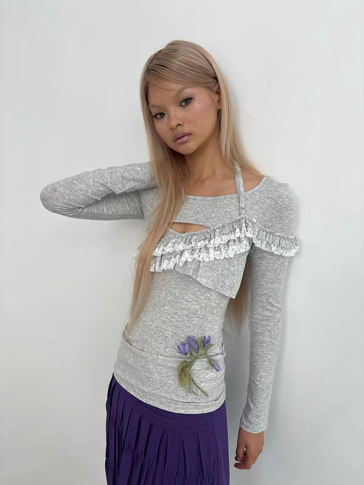 9266studio｜Y2K Lace Ruffle Slim Top