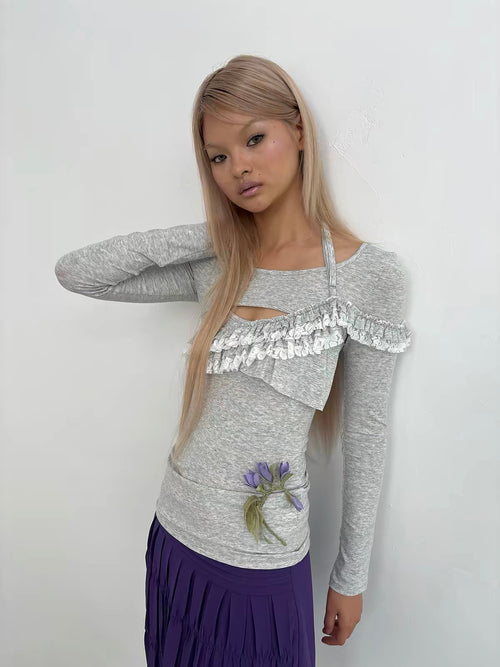 9266studio｜Y2K Lace Ruffle Slim Top