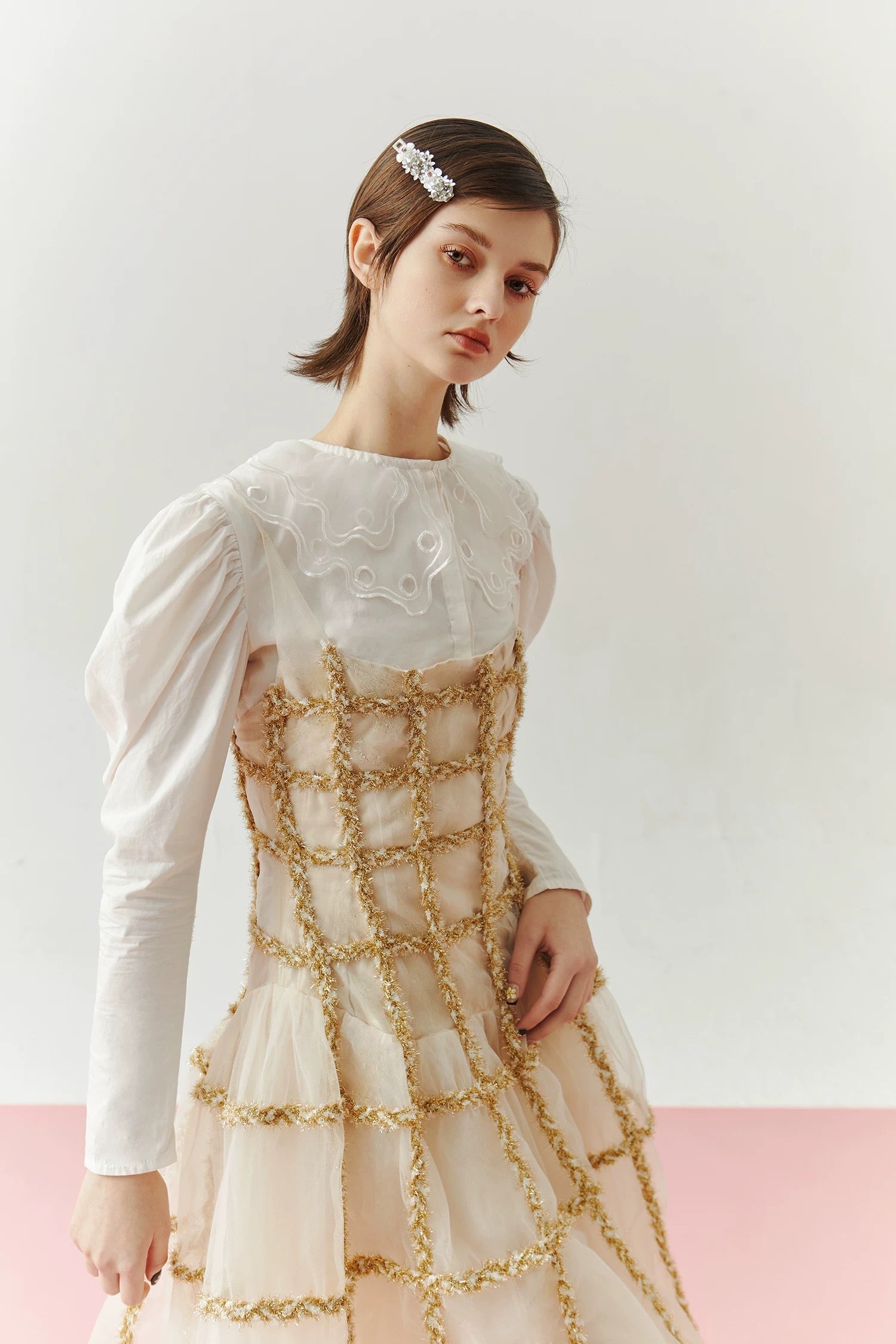 MOOLY｜Champagne Glitter Plaid Fitted Slip Dress