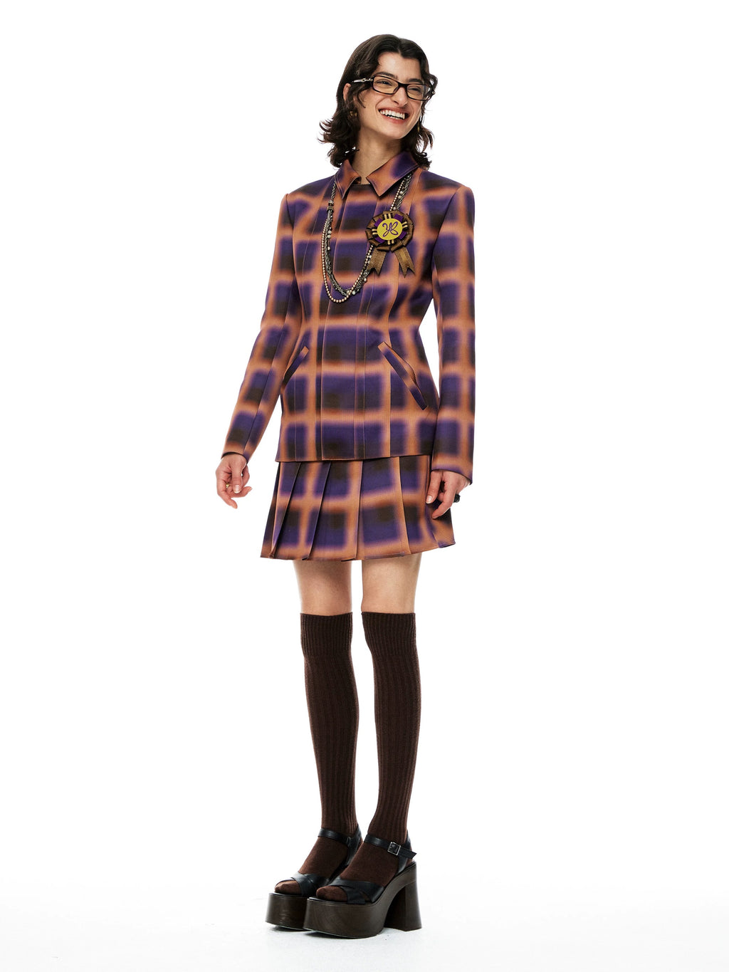 YOSHUYUKI｜Orange Purple Plaid Satin Set