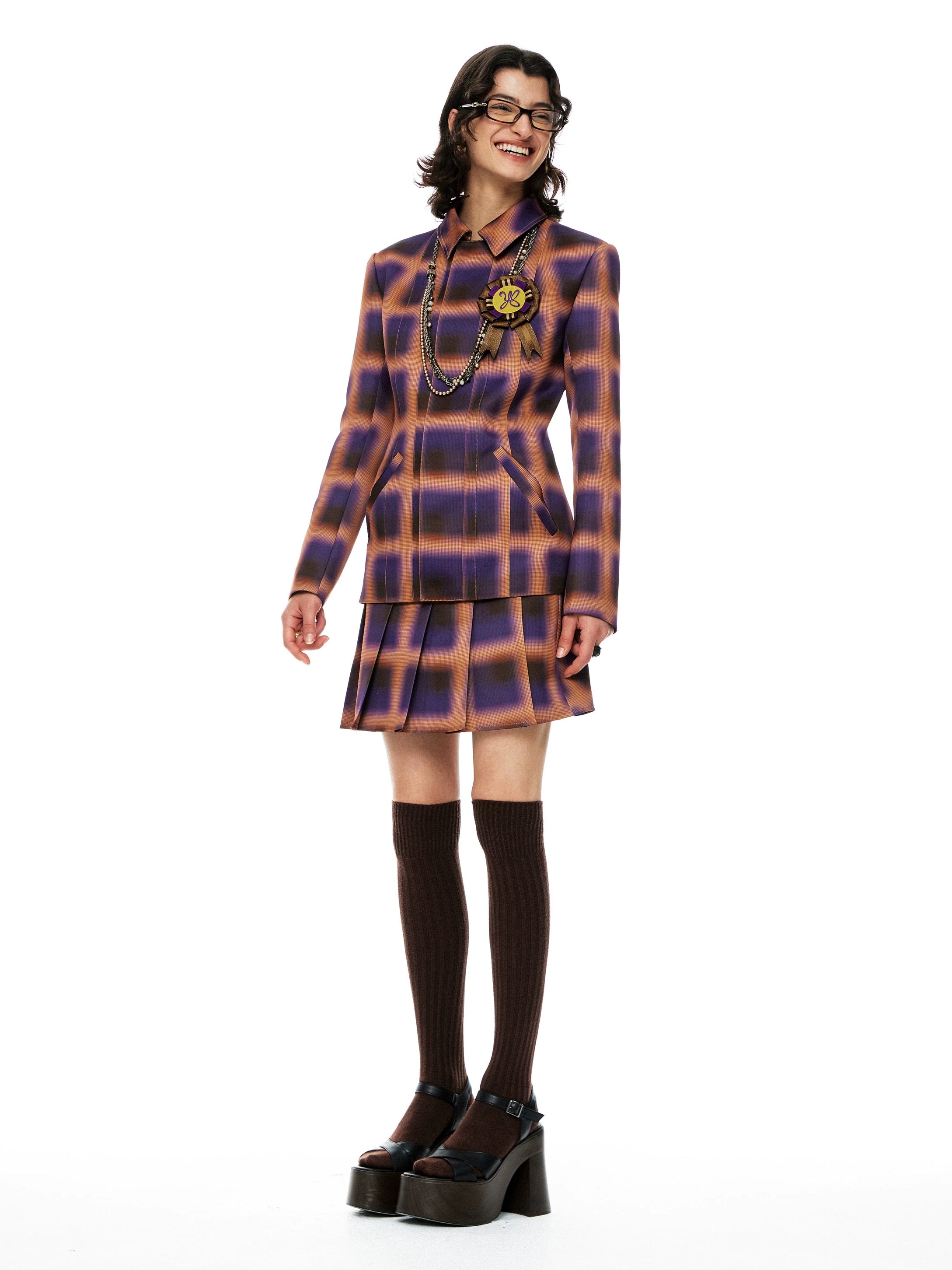 YOSHUYUKI｜Orange Purple Plaid Satin Set