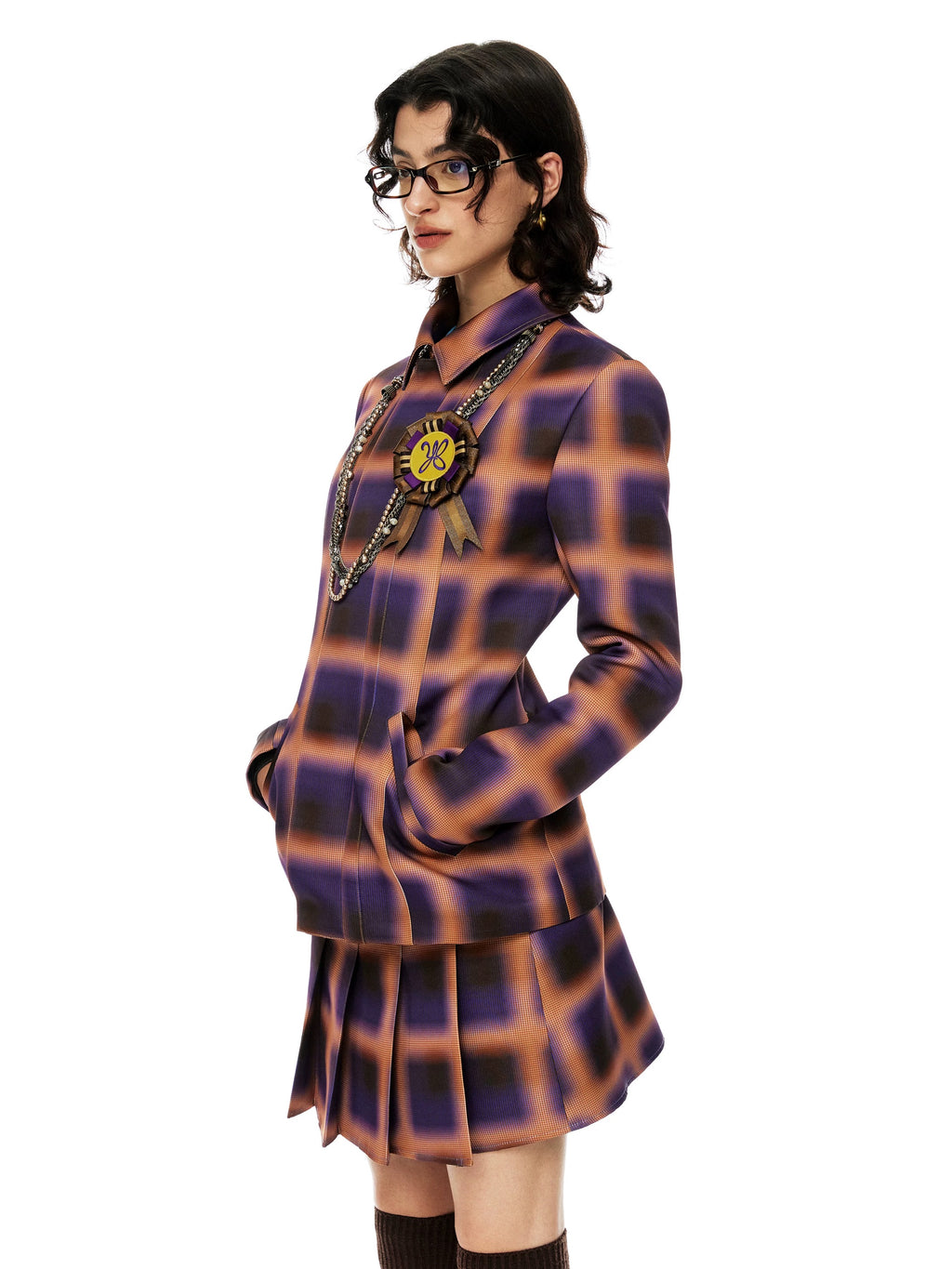 YOSHUYUKI｜Orange Purple Plaid Satin Set