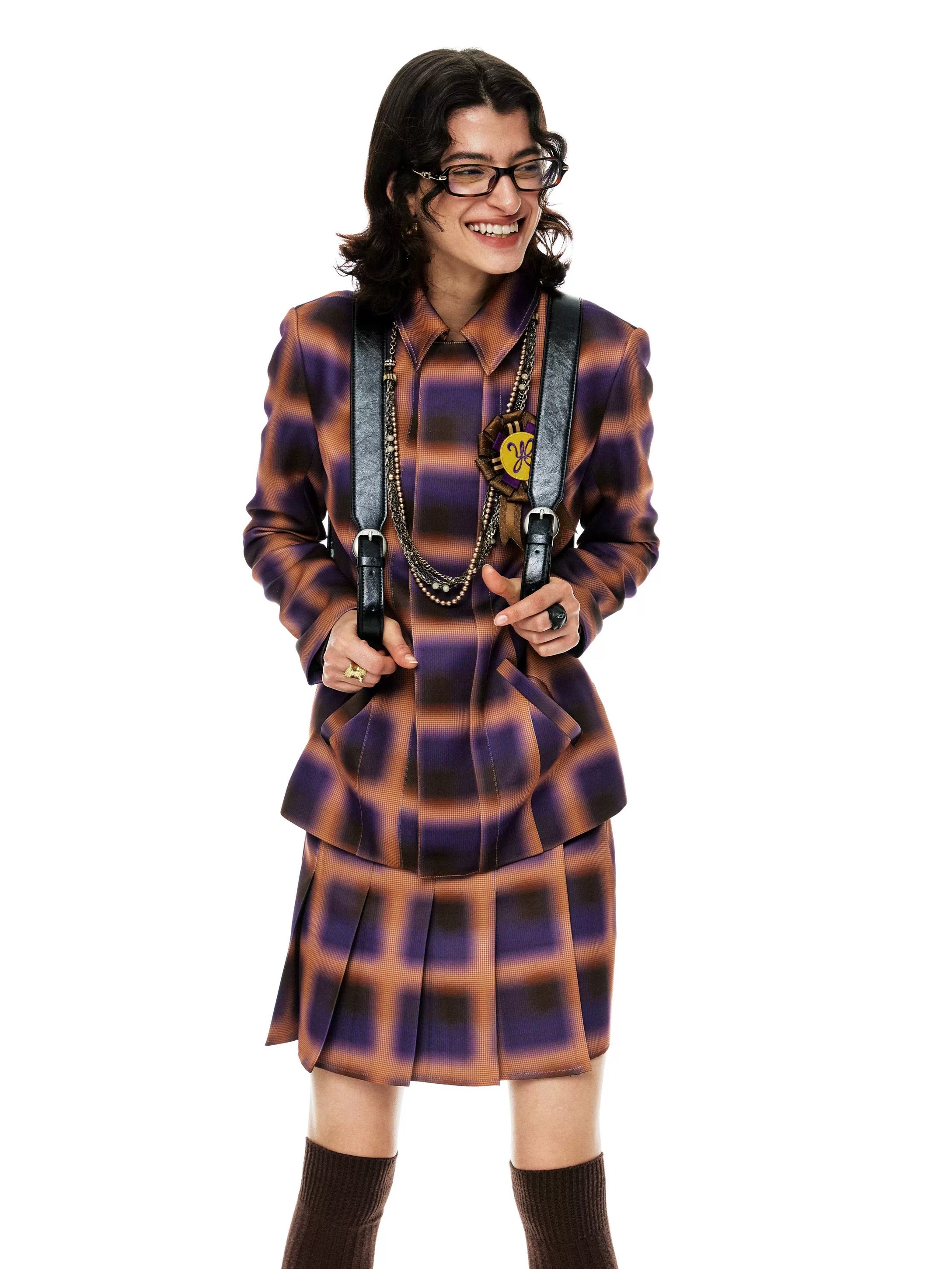 YOSHUYUKI｜Orange Purple Plaid Satin Set