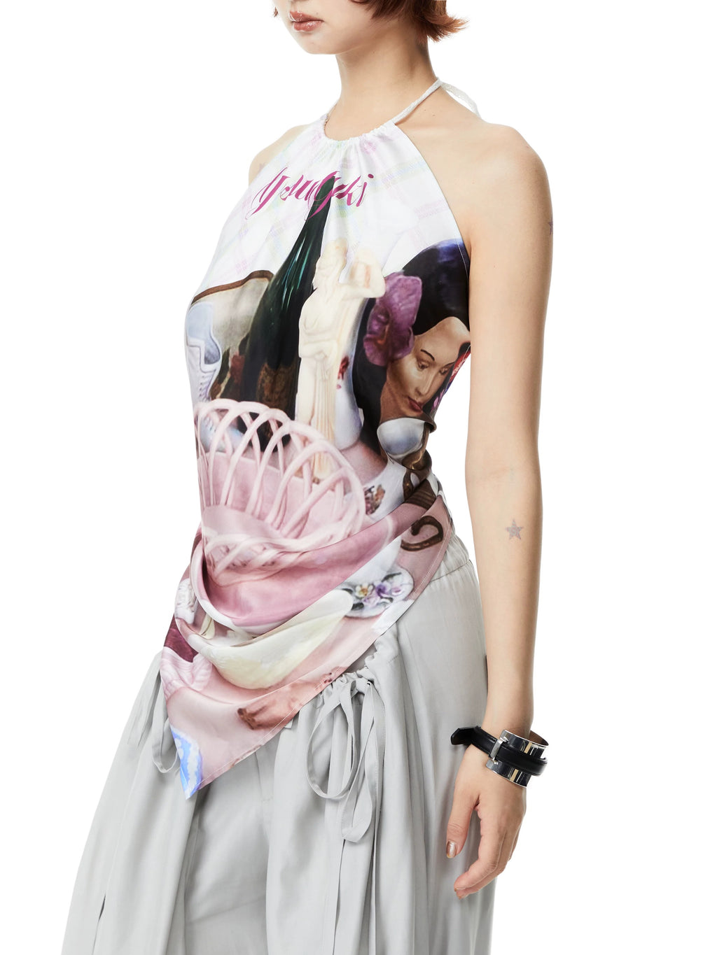 YOSHUYUKI｜Printed Satin Halter Scarf Top