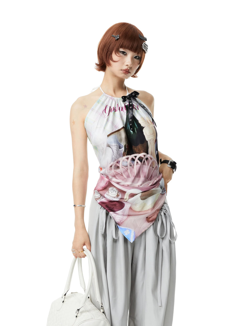 YOSHUYUKI｜Printed Satin Halter Scarf Top