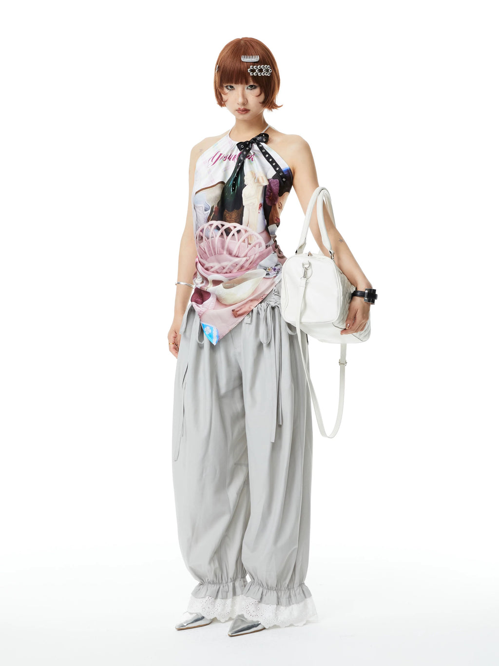 YOSHUYUKI｜Printed Satin Halter Scarf Top