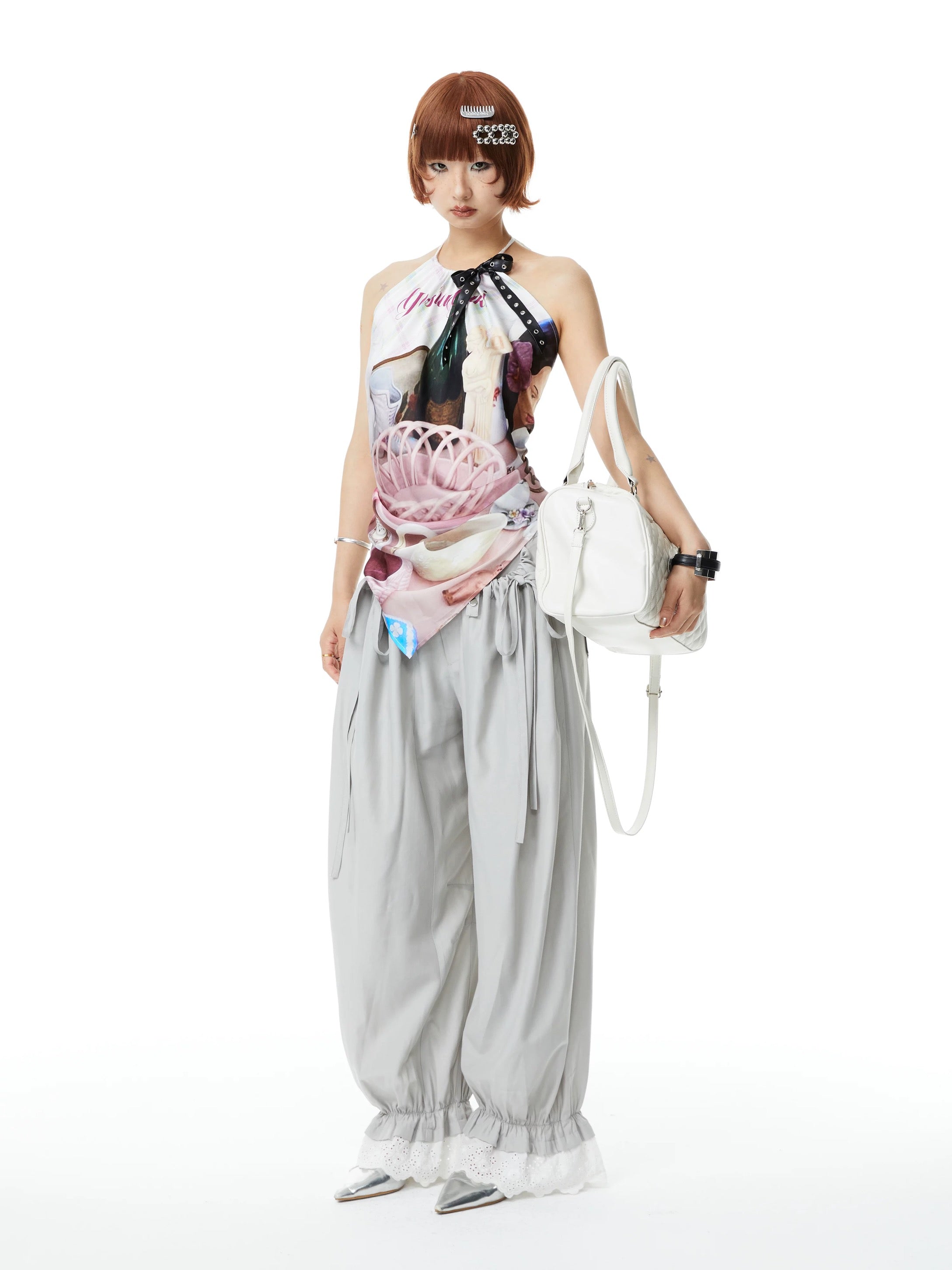 YOSHUYUKI｜Printed Satin Halter Scarf Top