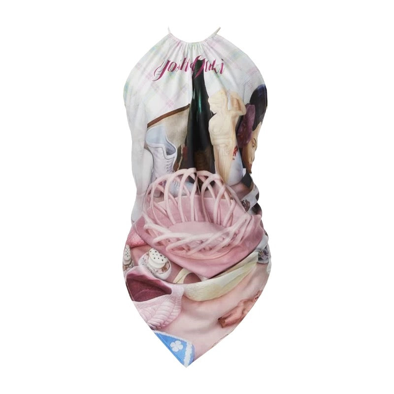 YOSHUYUKI｜Printed Satin Halter Scarf Top