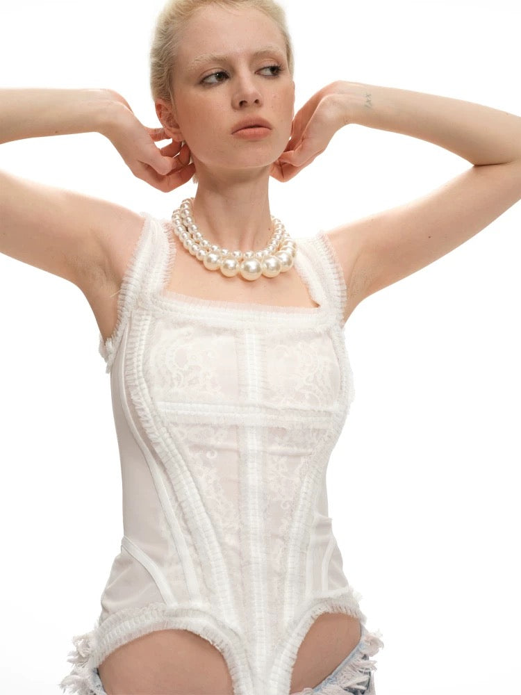 Nodress｜White Lace Mesh Corset Camisole Top