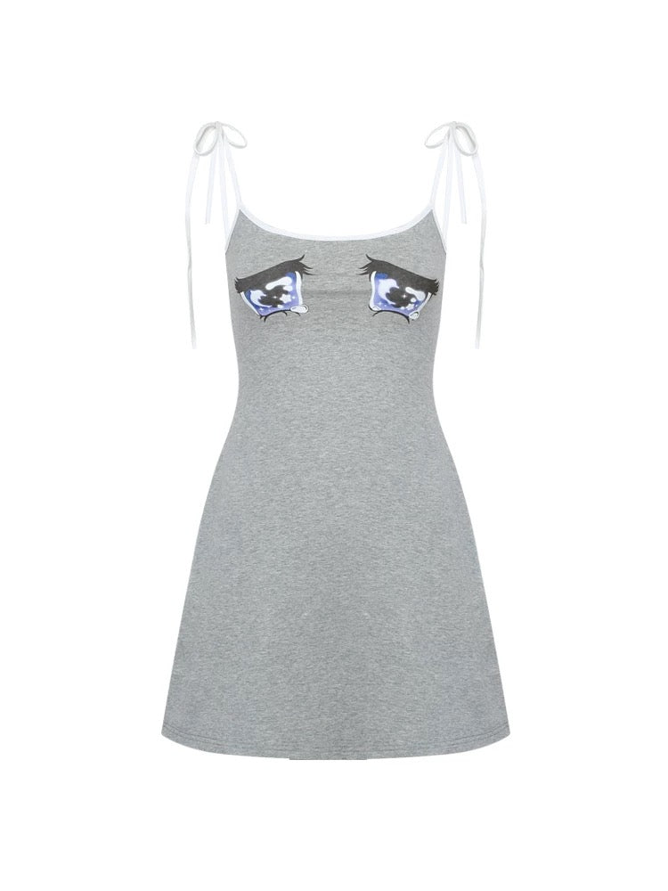 Nodress｜Grey “No Cry” Eye Print Slip Dress