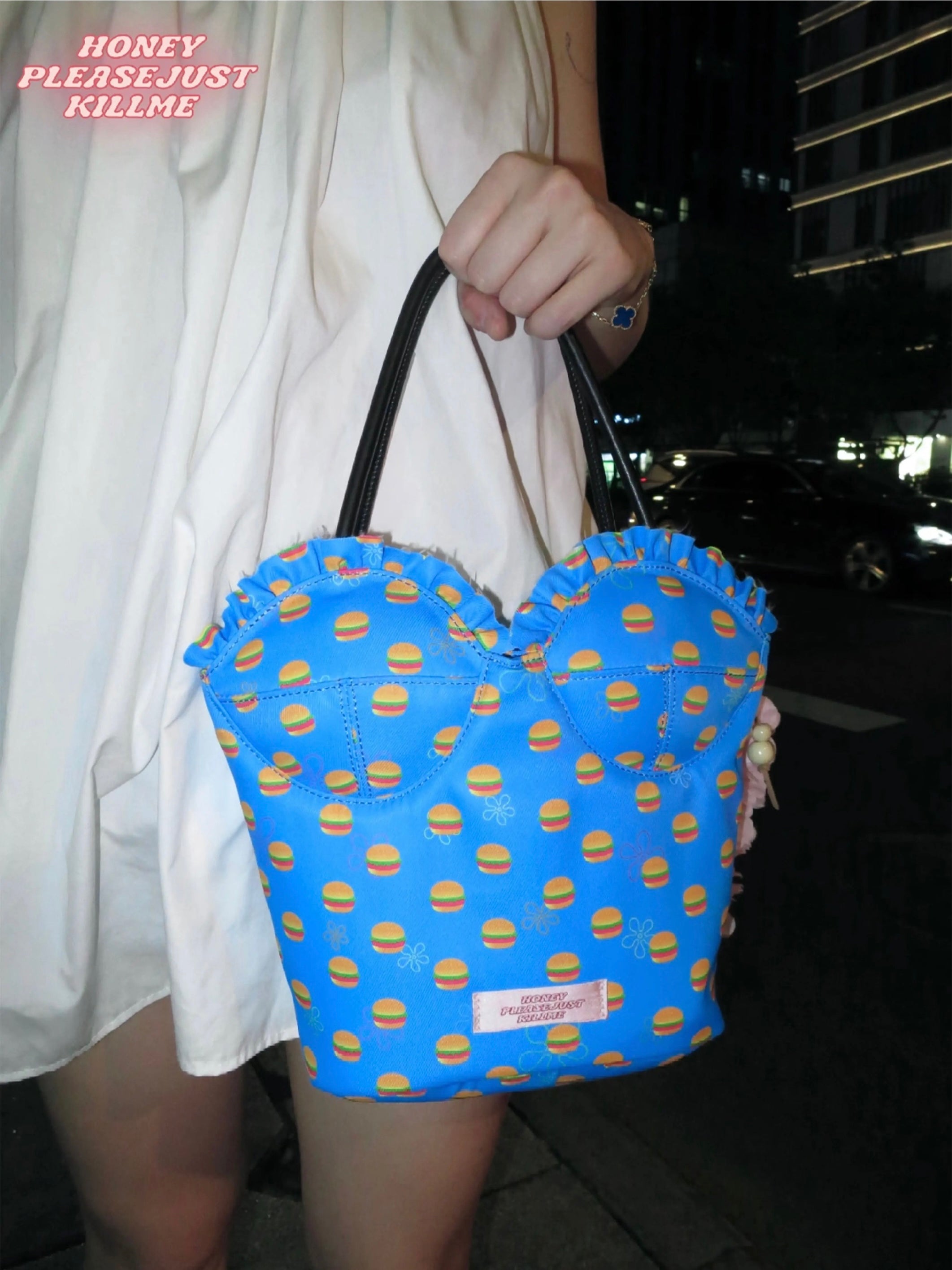NeonPeachOffice｜Burger Print Pink/Blue Bustier Bag