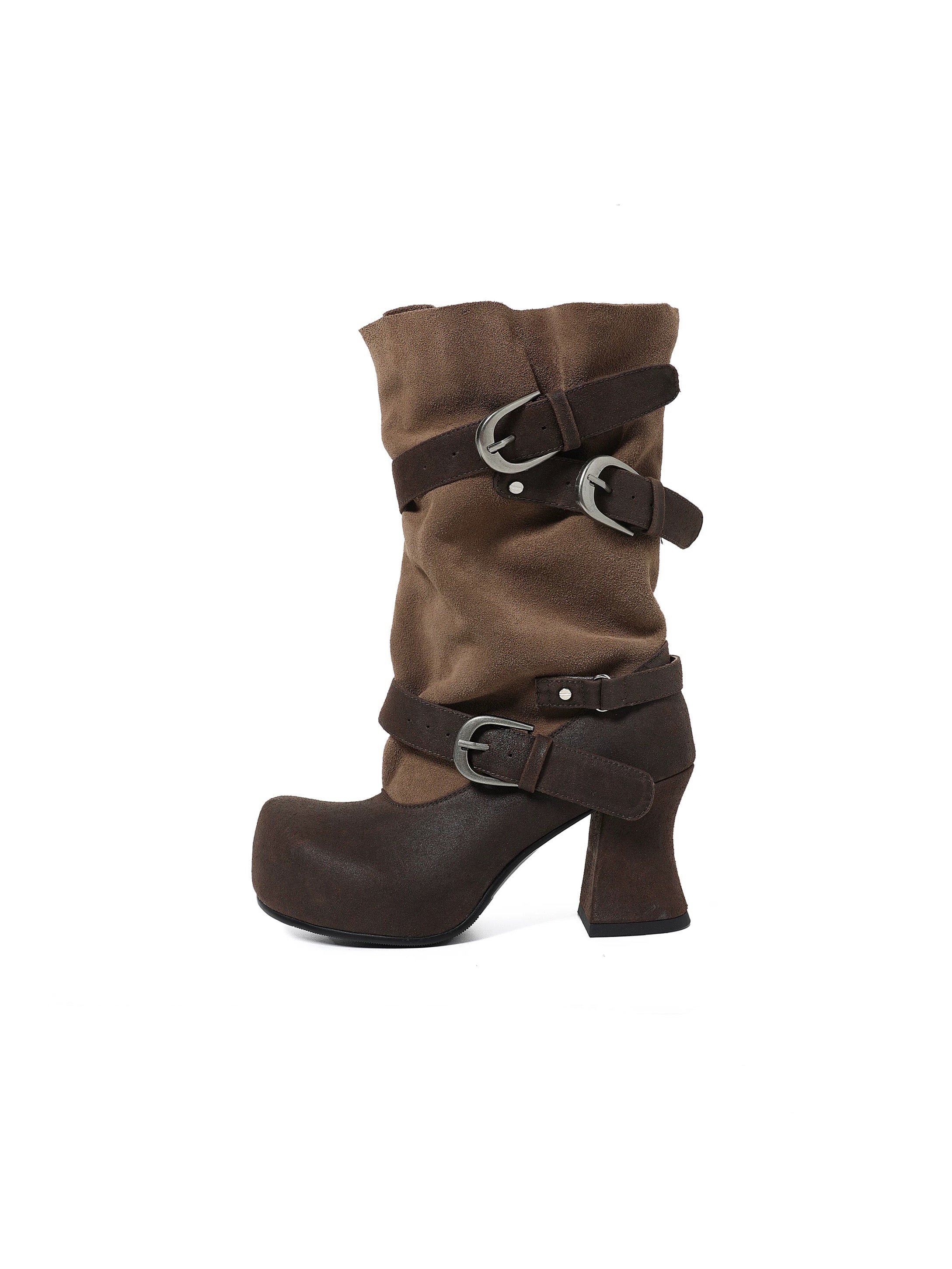 UBORYA｜Manga Girl Brown Round-Toe Slouch Boots