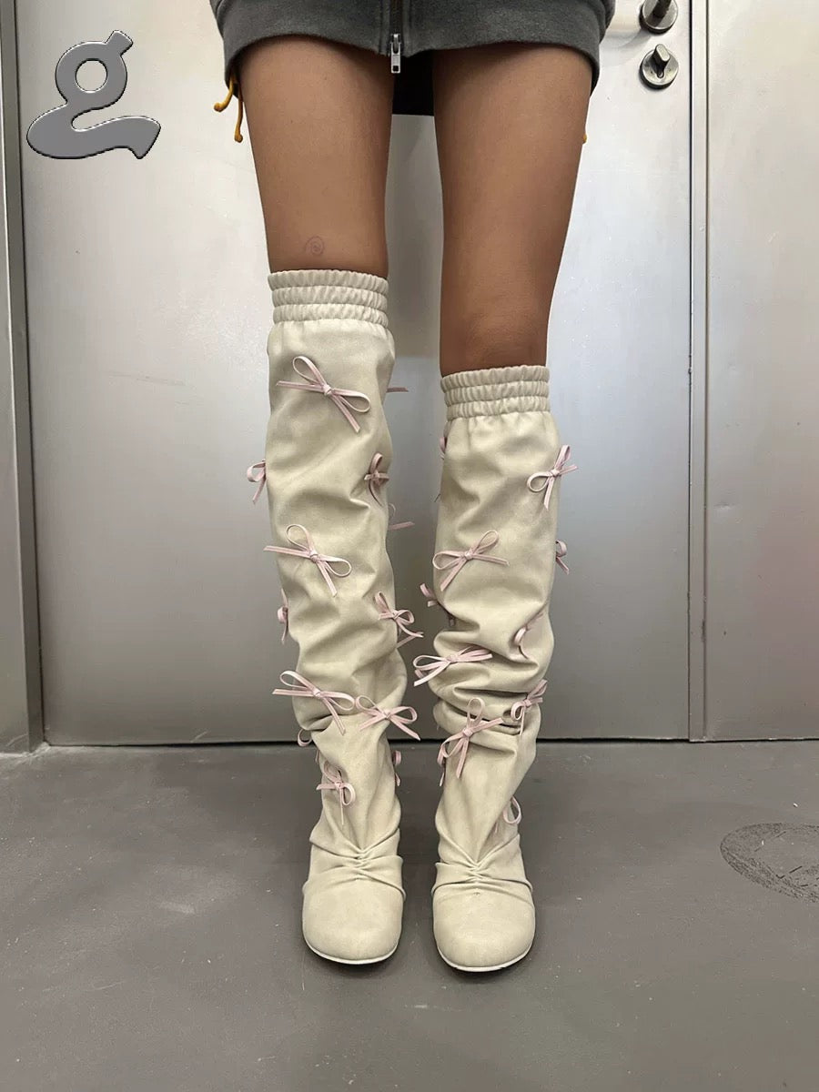 Grape｜25aw Ivory Bow Wedge Boots
