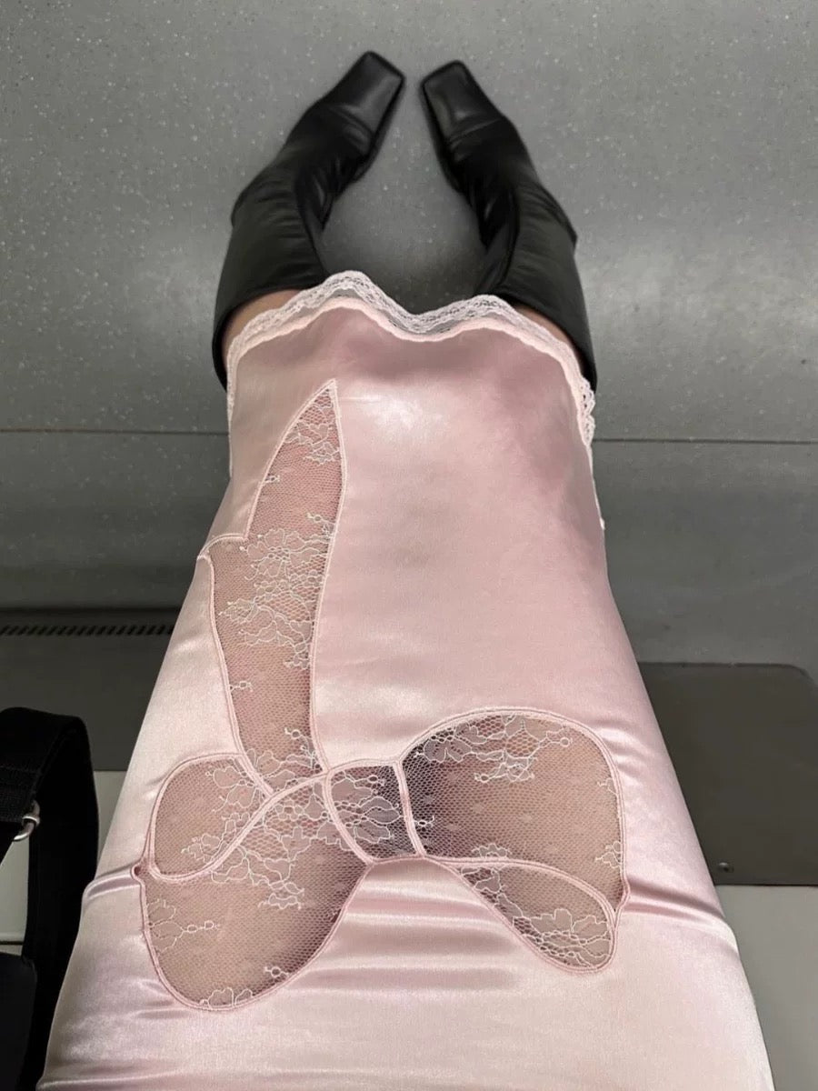 Room SERVICE｜Pink Bow Embroidered Sheer Skirt