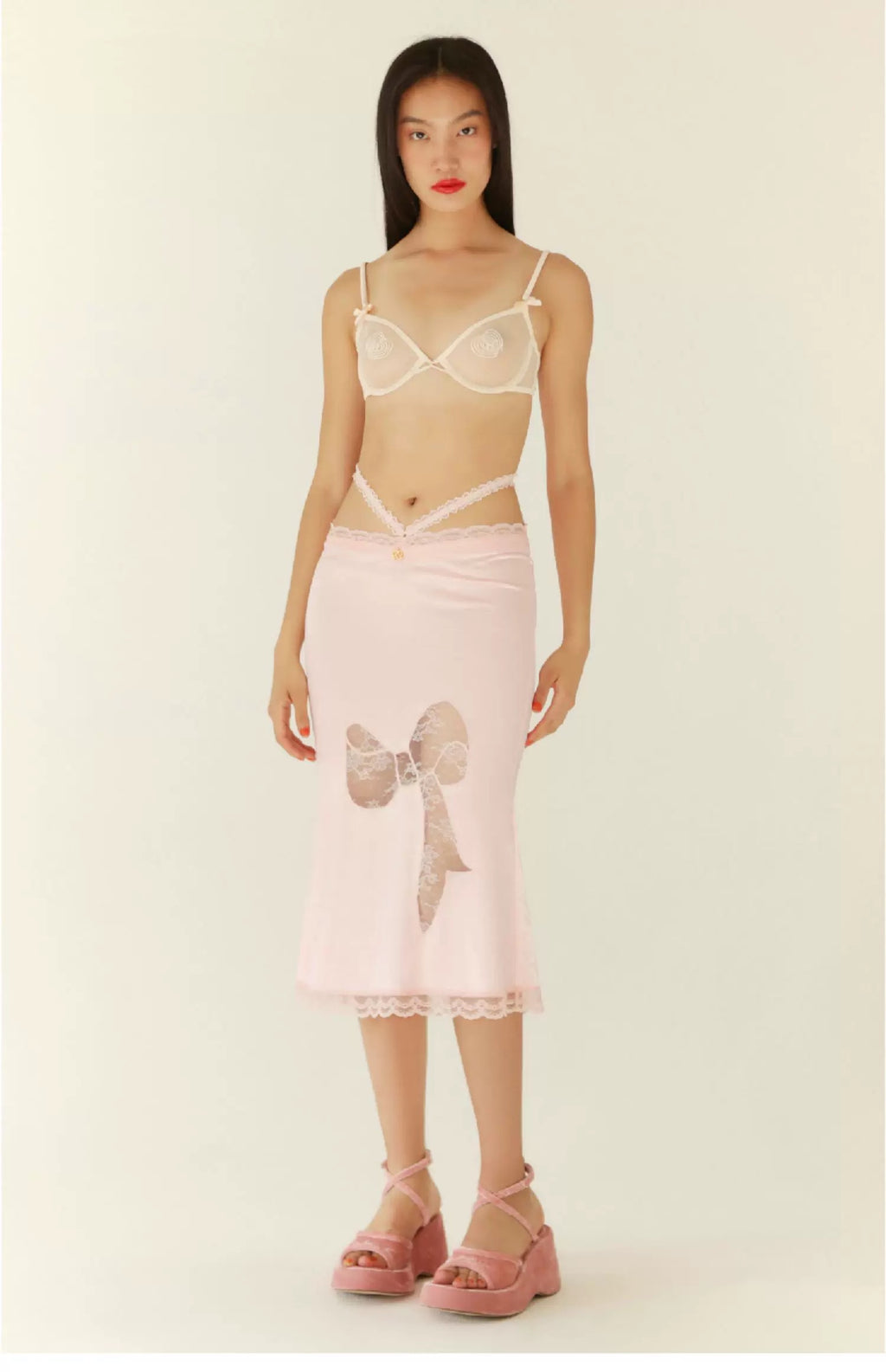 Room SERVICE｜Pink Bow Embroidered Sheer Skirt